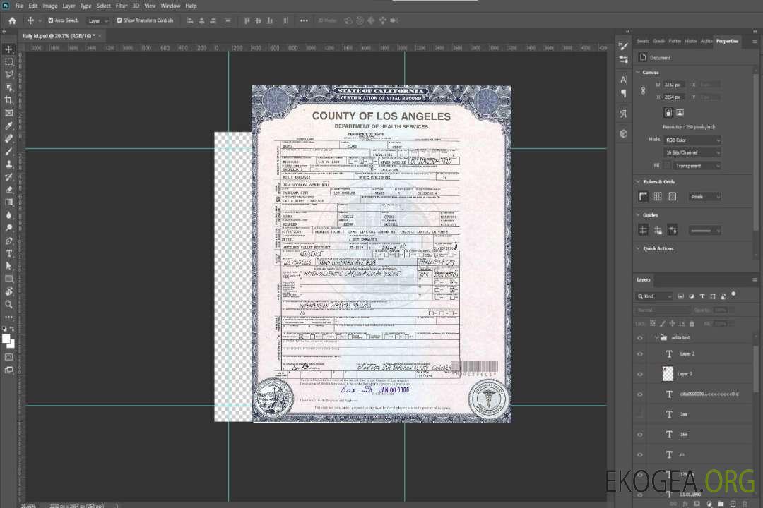 Modèle de certificat de décès USA Californie au format PSD template